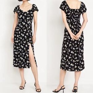 NWT old navy black flutter side slit floral midi dress smocked dogwood sp